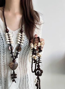复古波西米亚风长款椰壳串珠海螺项链女小众海滩度假风百搭配饰潮
