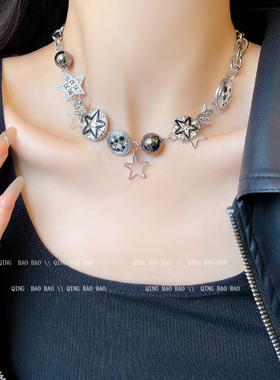 朋克复古纽扣星星重工项链
