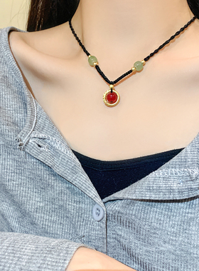 中式文艺几何相思豆红珠黑绳项链复古手工编织绳锁骨链时尚百搭
