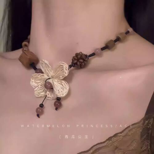 「古藤木花」新中式国风项链女花朵木质锁骨链马面裙汉服旗袍配饰