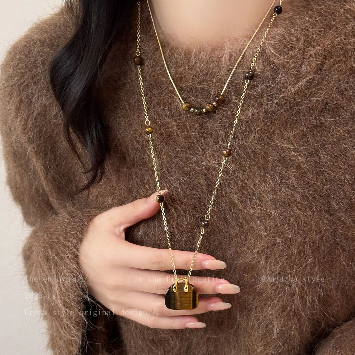 宝藏礼物!美拉德虎眼石包包项链女轻奢高级感毛衣链复古秋冬配饰