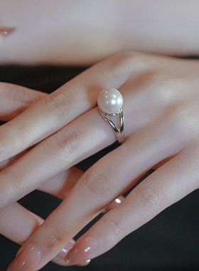 珍珠戒指女小众设计独特开口可调节指环轻奢高级感食指戒