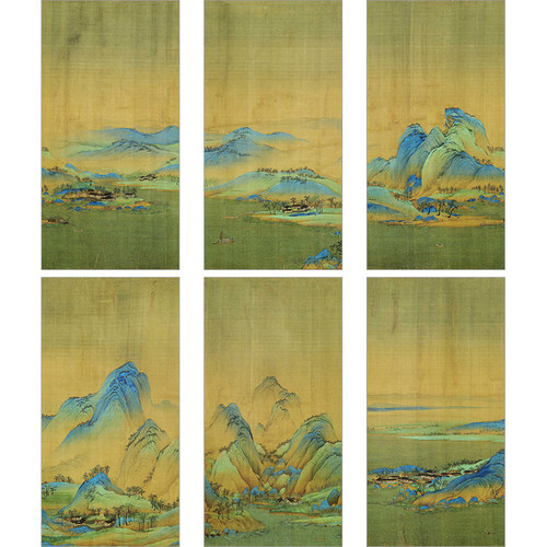 XM03王希孟千里江山图四条屏片段白描底稿6幅工笔画国画山水线描
