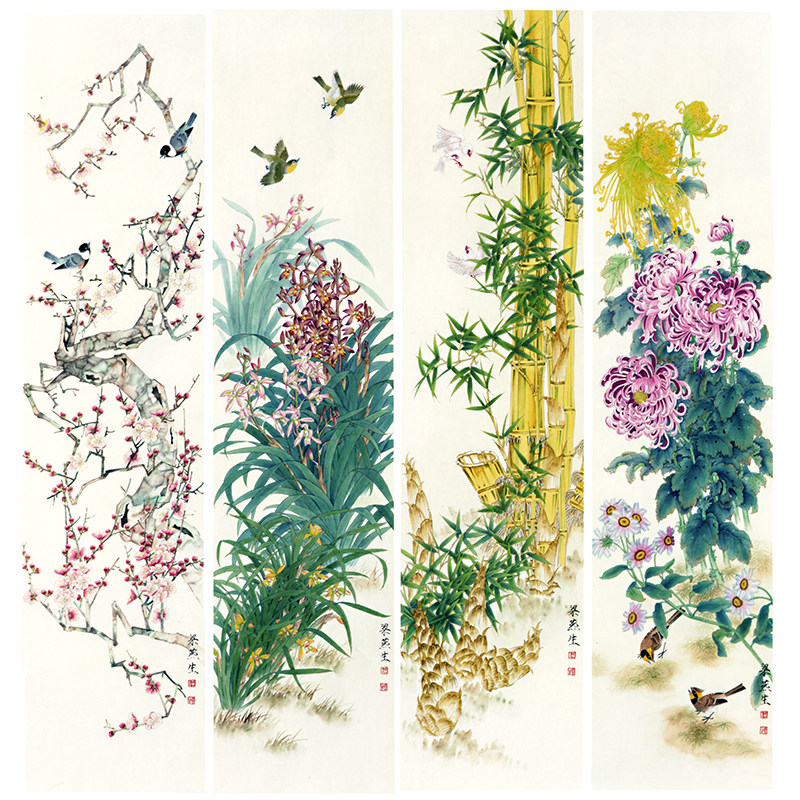 工笔画梅兰竹菊四条屏白描底稿国画花鸟条屏临摹勾线实物打印底稿