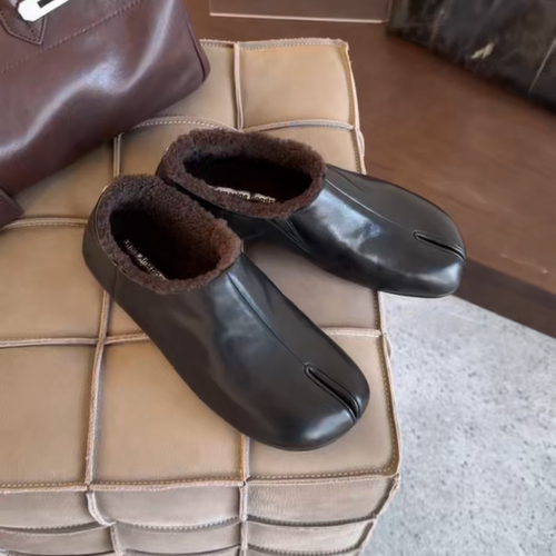 冬季平底分趾鞋鞋加绒羊毛乐福鞋