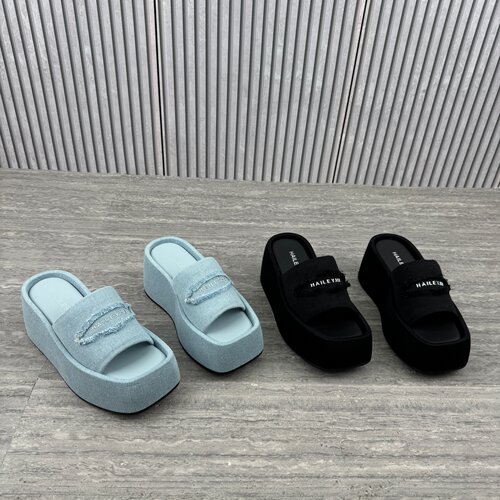 真皮牛仔坡跟防水台增高女一字拖