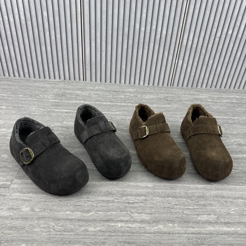 新款平底加绒羊毛皮带扣豆豆鞋