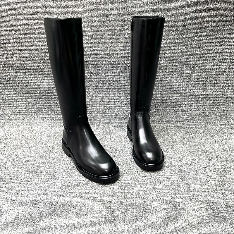 烟筒靴牛皮平底圆头高筒长靴