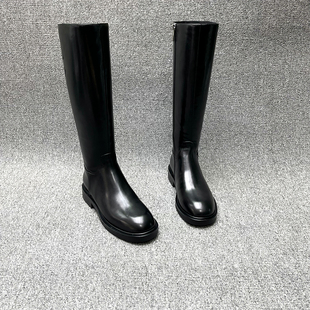2025秋冬新款欧货欧洲站真皮女靴低跟平底圆头骑士高筒烟筒靴长靴