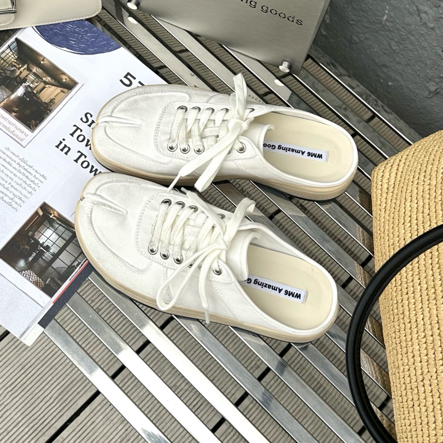 WM6休闲风包头拖鞋女布面真皮2026春新款厚底系带百搭外穿半拖鞋