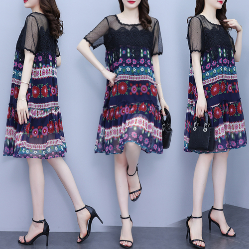 Real photo large dress women's summer dress 2022 new fashion foreign style thin ink flower high-quality skirt