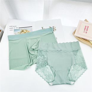 黁白情侣内裤夏新款冰丝蕾丝男平角女三性感高腰夫妻内裤欲套装
