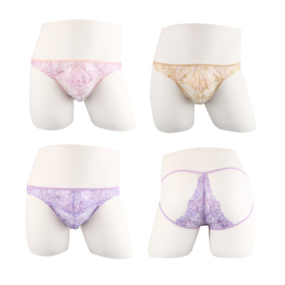 蕾丝甜美系男士丁字裤透气情趣性感低腰露臀内底裤短裤头新款伪娘