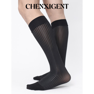 尘禧绅士藏青镜面条纹非ICK经典 袜 油光高弹中高筒西装