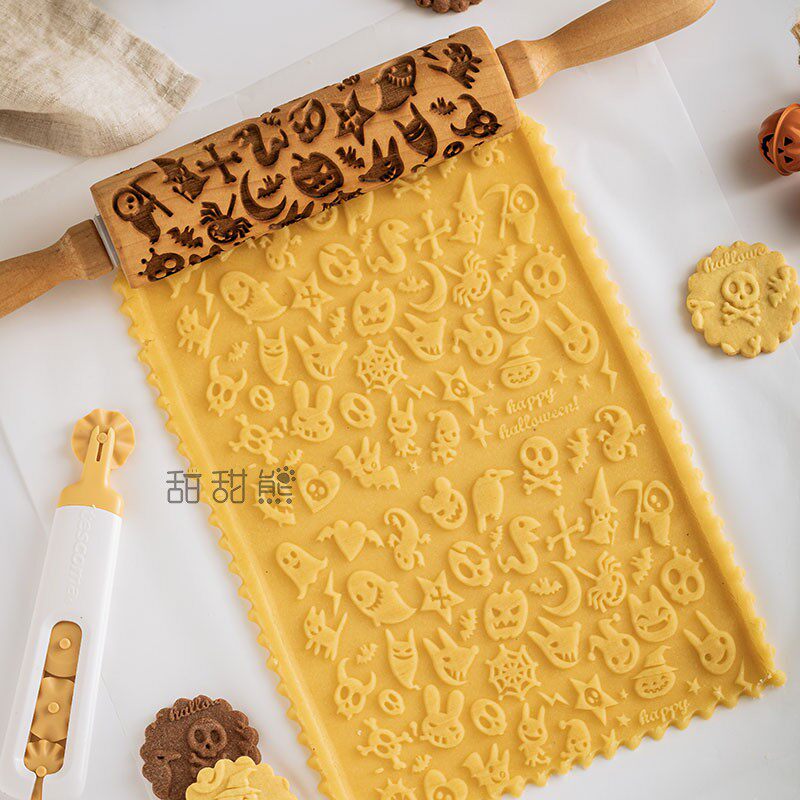 24年新款万圣节曲奇饼干印花擀面杖曲奇压花棍加深雕刻烘焙模具