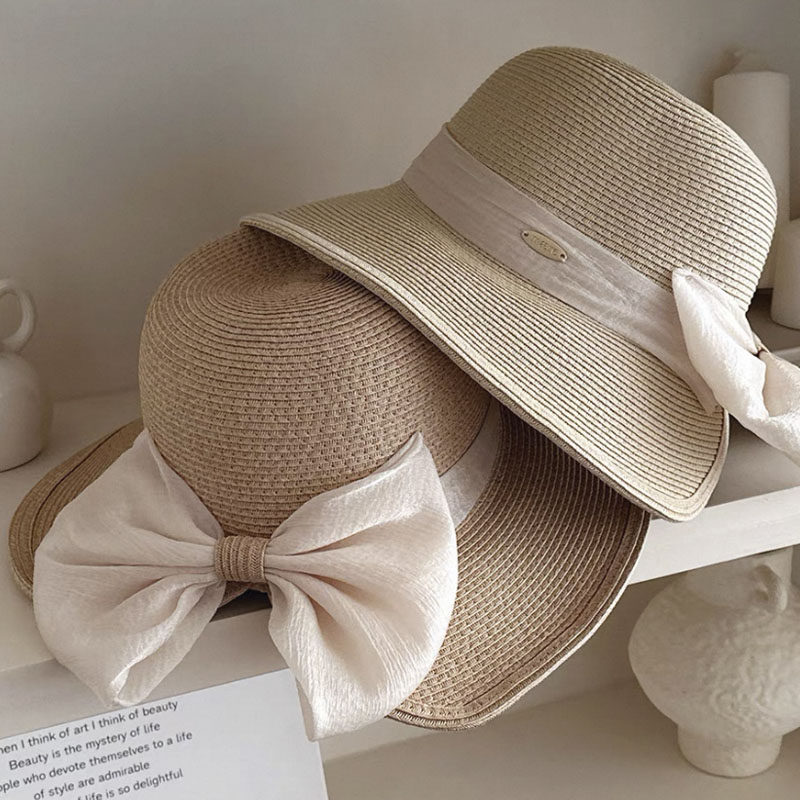 法式优雅复古蝴蝶结草帽女春夏休闲百搭大檐防紫外线防晒遮阳帽子