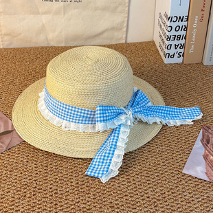 花边蝴蝶结格子系带平顶草帽女夏季 法式 甜美海边度假沙滩防晒帽潮