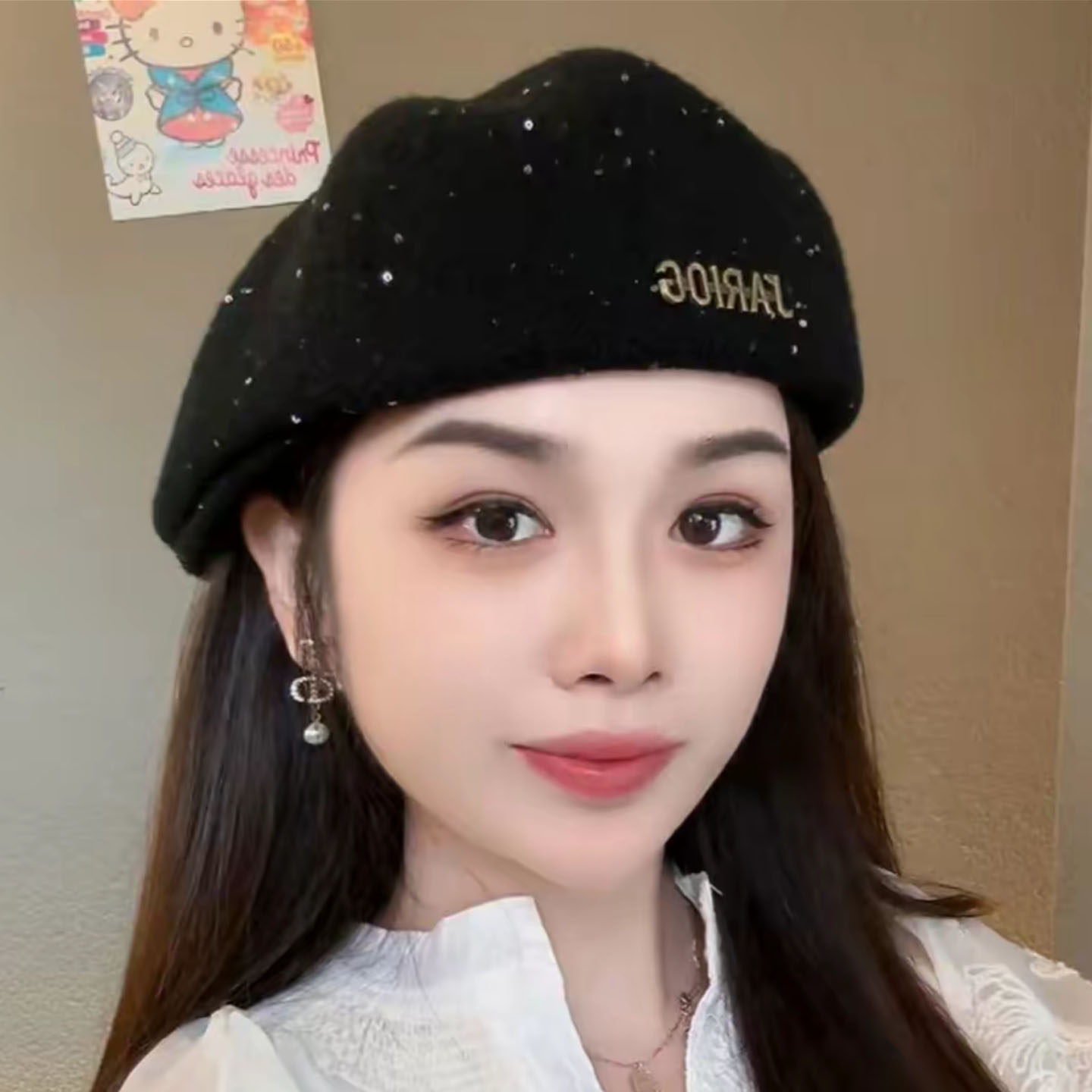 韩系时尚百搭亮片定型贝雷帽女