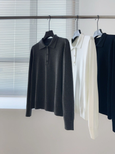 翻领设计简约 针织衫 羊毛针织上衣 翻领Polo长袖 柜货无标～女秋季