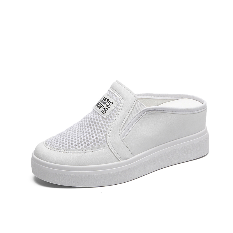 Giày Trắng Nửa Dép Nữ Vải Lưới Bít Mũi Mùa Hè Mặt Lưới Thoáng Khí Tăng Chiều Cao Bên Trong Giày Lười Cho Học Sinh 2021