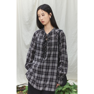廓形宽松长袖 CAREMIND别致木耳边V领格子衬衫 上衣 灰黑格衬衫