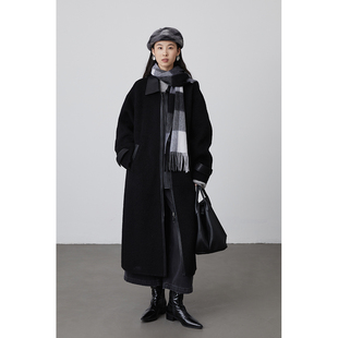 【皮领呢大衣】CAREMIND黑色直版皮毛一体大衣秋冬保暖双面呢外套