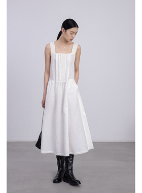 CAREMIND白色浪漫文艺花边连衣裙夏新款方领提花度假背心中长裙