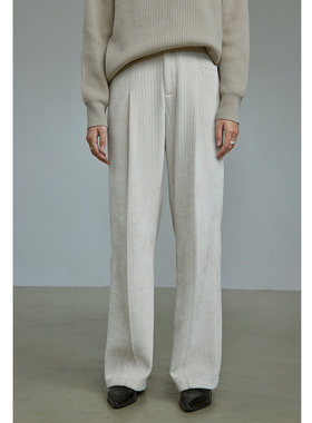 CAREMIND“白色控场‘高密度雪尼尔竖条灯芯绒直筒阔腿裤通勤