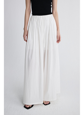 【褶裥白裙裤】CAREMIND白色轻薄大廓形阔腿裤慵懒微皱肌理感裤子