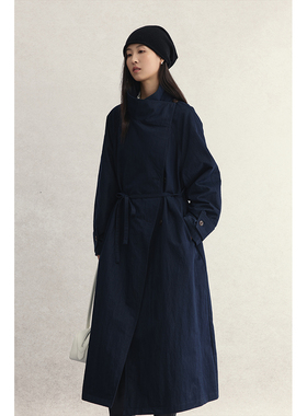 【都柏林风衣】CAREMIND藏蓝色斜襟式长款风衣立领宽松廓形长外套