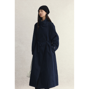长款 CAREMIND藏蓝色斜襟式 风衣立领宽松廓形长外套 都柏林风衣