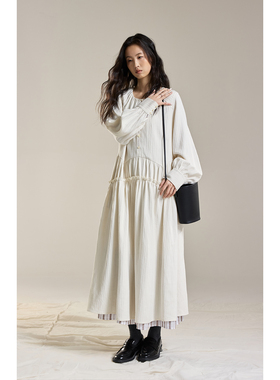 【凡尔赛】CAREMIND白色汉麻双层结构连衣裙文艺圆领慵懒感长裙子