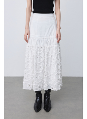 【白花廊】CAREMIND白色立体绣花半身裙2025新款重工拼接长裙子