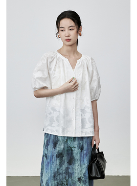 CAREMIND法式暗纹小众轻薄白色衬衫夏日防晒五分袖上衣女