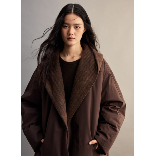 CAREMIND深棕鹅绒羽绒服假两件连帽宽松大衣女 热巧克力鹅绒服