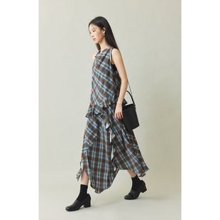 CAREMIND棕蓝格纹无袖 不规则连衣裙夏季 轻薄垂感长裙 奥古斯都