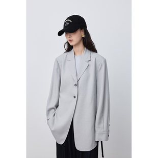 CAREMIND极简设计天丝薄款 西装 式 西系带服收腰外套女 冷灰衬衫