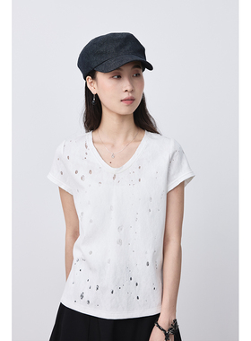 【岩斑白T】CAREMIND简约白色原创别致短款T恤修身显瘦V领短袖衫