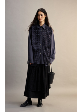 【独奏曲】CAREMIND蓝调薄纱质感波点假两件衬衫拼接长袖衬衣外套