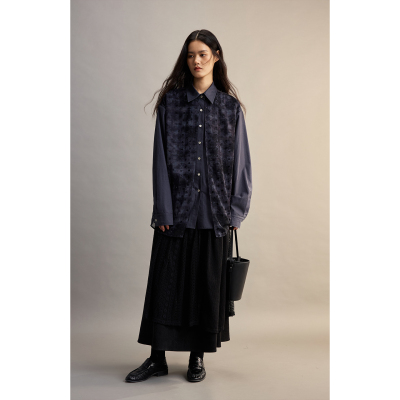 假两件蕾丝波点拼接翻领长袖衬衫