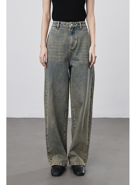 【黄石农场的牛仔裤】CAREMIND做旧感泥色牛仔裤慵懒窄版长裤子女