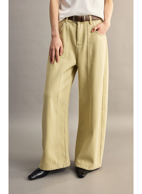 【芥末黄加绒牛仔裤】CAREMIND加绒全棉牛仔裤分割线立体阔腿裤女