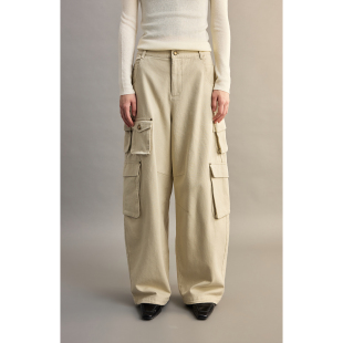 CAREMIND质感棉麻多口袋设计感工装 裤 休闲直筒裤 西梅紫工装