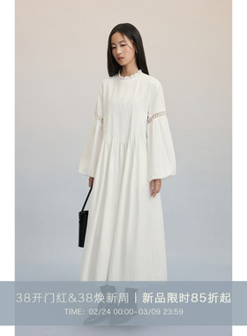 【风车岛】CAREMIND白色温柔风琴褶镂空连衣裙优雅木耳领法式长裙
