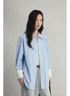【自由的灵魂】CAREMIND拼色袖口设计蓝色竖条纹春秋外搭衬衫外套