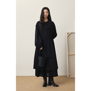 【黑兰】CAREMIND圆领不规则交叠层次感连衣裙优雅飘逸中长款裙子