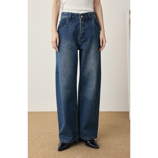 CAREMIND蓝色复古水洗全棉直筒牛仔裤 低腰阔腿裤 女 修腿牛仔裤