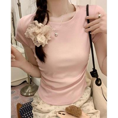 ins潮时尚洋气褶皱收腰纯棉t恤女上衣感减龄休闲小个子短袖短款