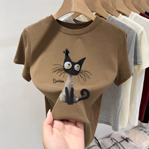 韩版珍珠猫咪印花短袖T恤女显瘦