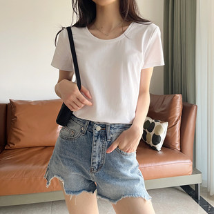 圆领体恤上衣学生内搭打底衫 T恤夏季 纯白色正肩棉质女短袖 自留款